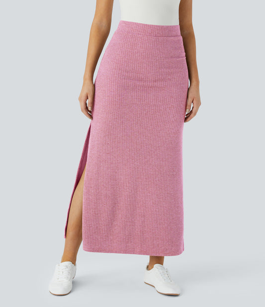 Ribbed High-Waisted Split Hem A-Line Maxi Casual Skirt for Everyday Elegance