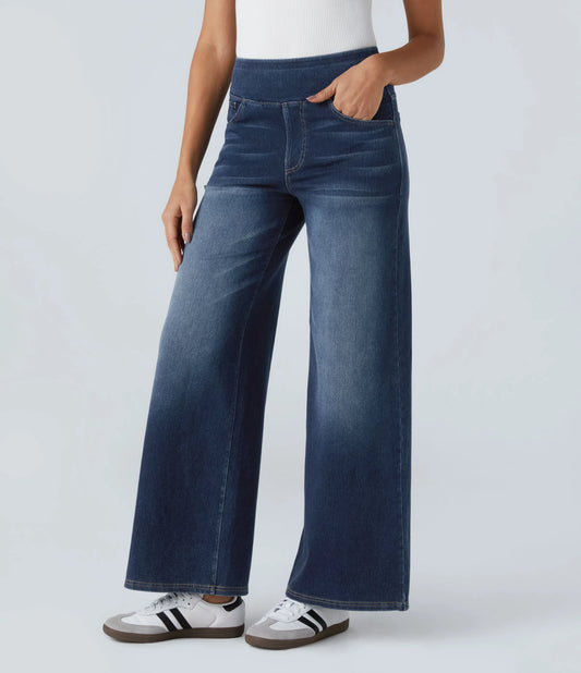 Halara Flex High Waisted Multiple Pockets Wide Leg Washed Stretchy Knit Casual Jeans