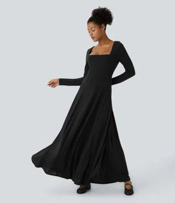 Square Neck Long Sleeve Split Flowy Flare Maxi Casual Dress