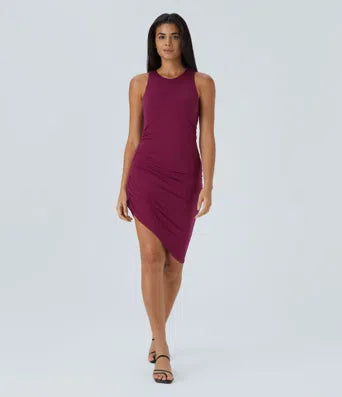 Round Neck Ruched Asymmetric Hem Bodycon Mini Casual Dress