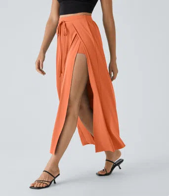 Breezeful Women's High-Waisted Tie-Front Split Flowy 2-in-1 Maxi Quick-Dry Skirt
