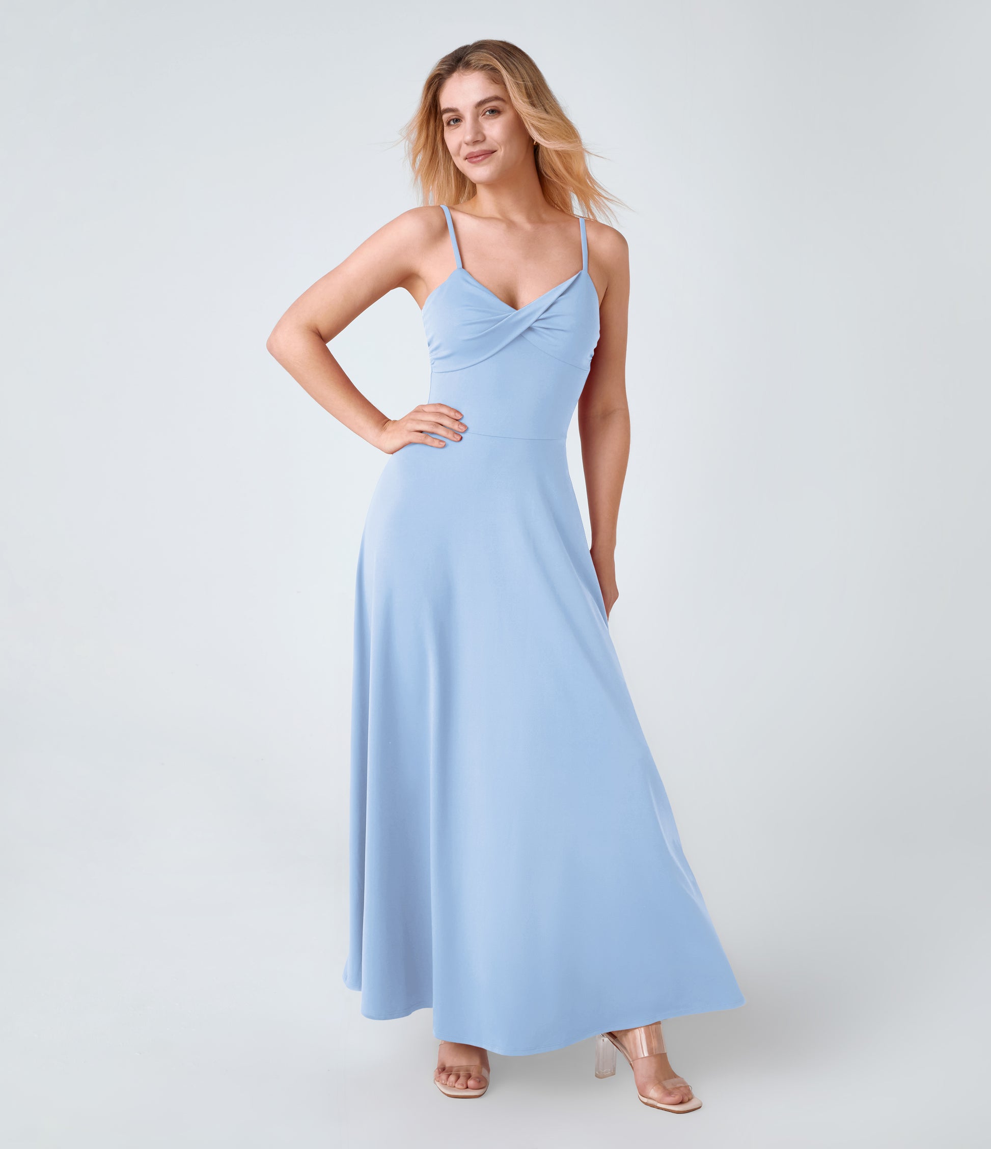 Women's U-Back Flowy Maxi Slip Dress with Flared Hem and Adjustable Straps