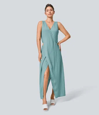 V Neck Sleeveless Cut Out Split Maxi Casual Linen-Feel Dress