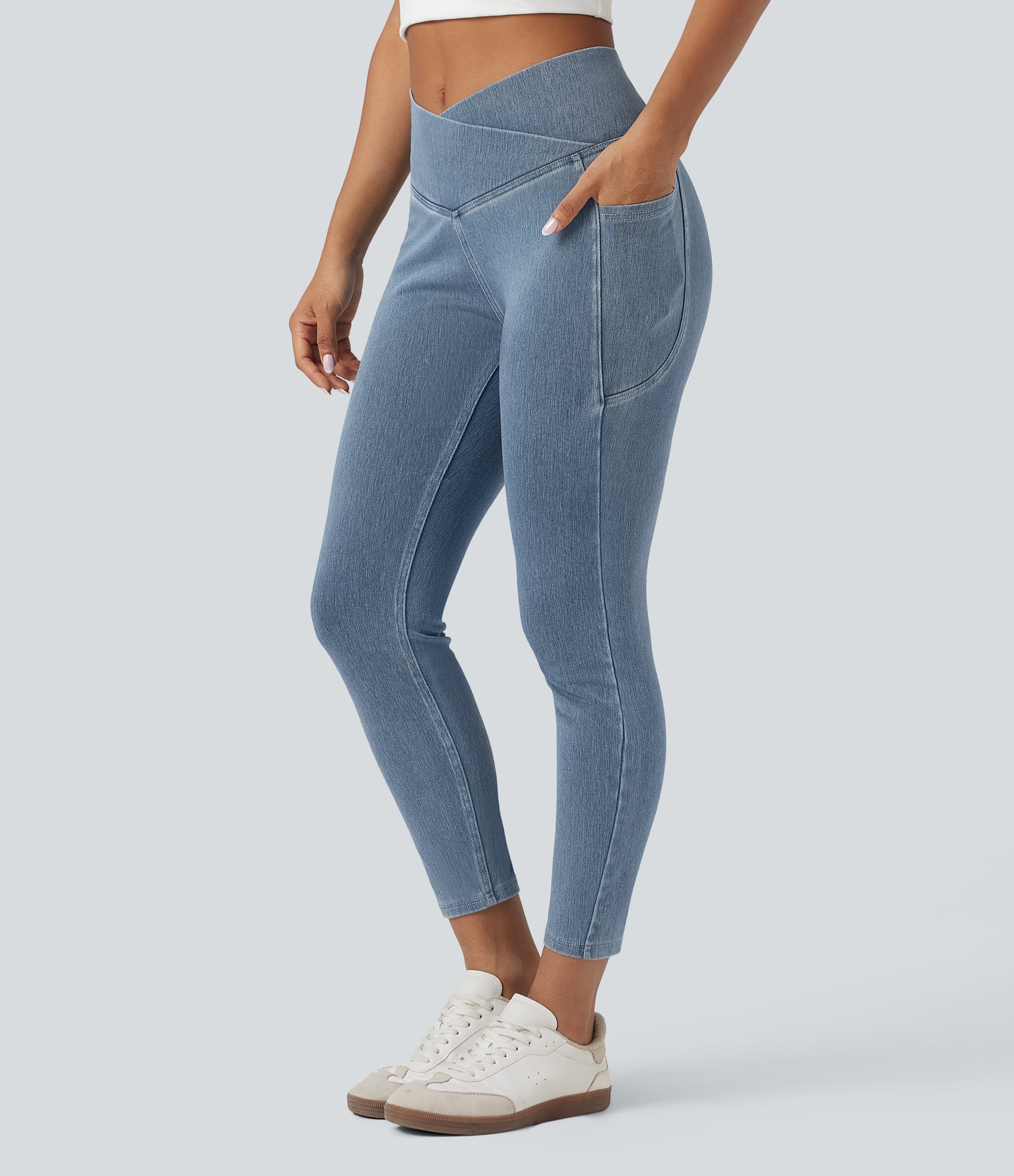 Halara Flex Crossover Side Pocket Washed Stretchy Knit Denim Work Leggings