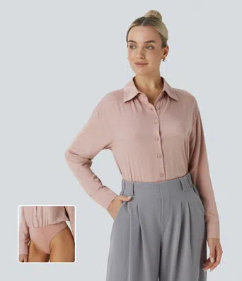 Collared Roll Up Sleeve Belted Relaxed Work Shirt Dress