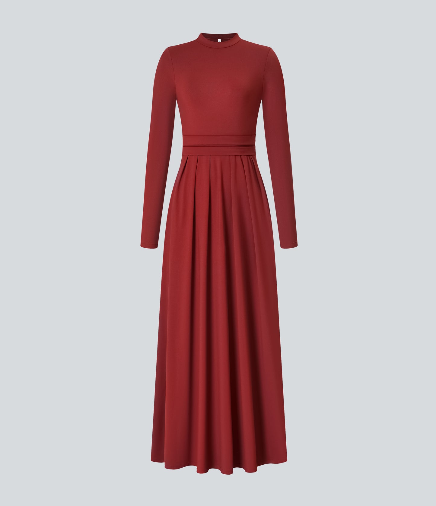 Elegant Mock-neck Long Sleeve Flare Maxi Dress with Convenient Side Pockets