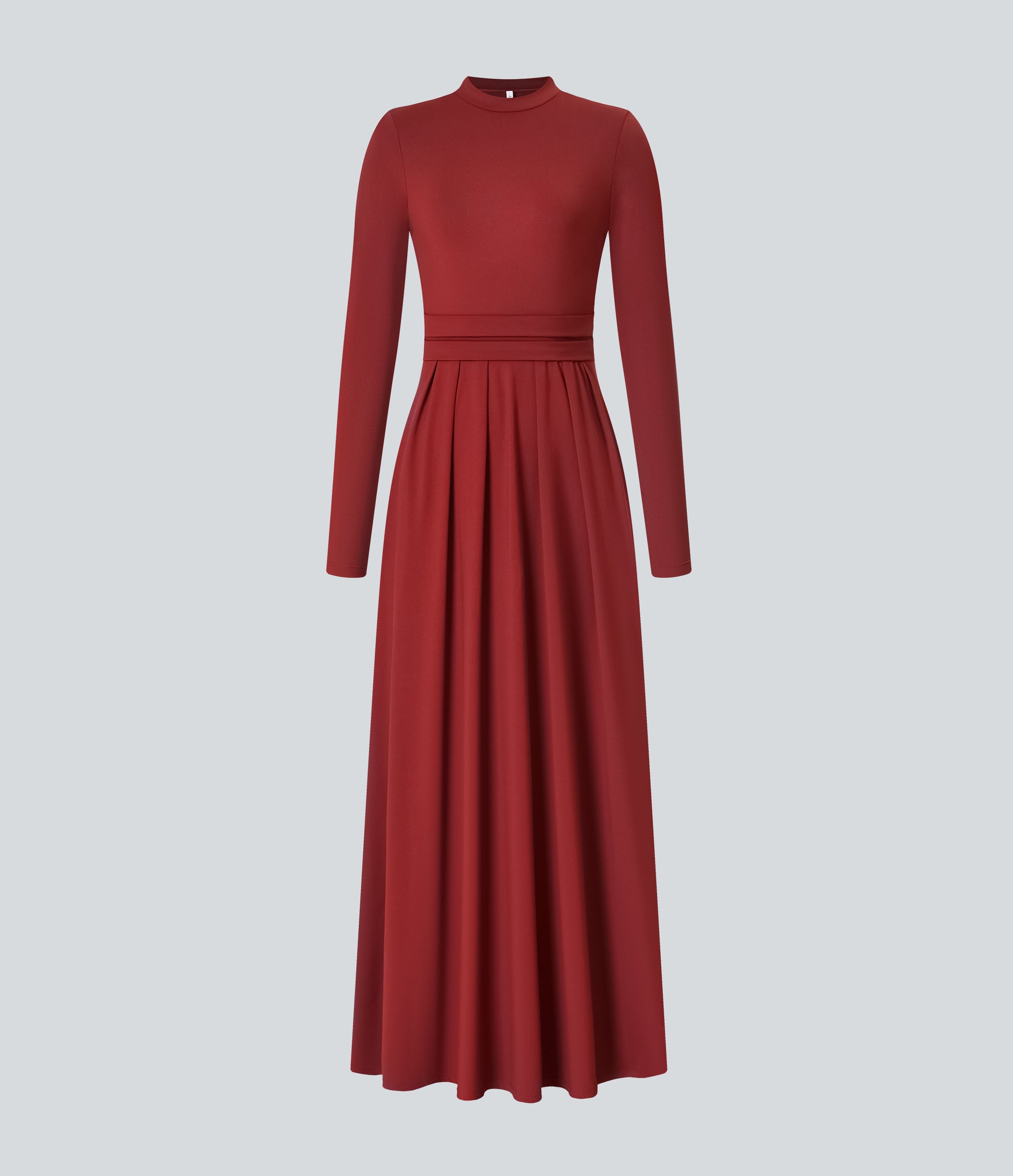 Elegant Mock-neck Long Sleeve Flare Maxi Dress with Convenient Side Pockets
