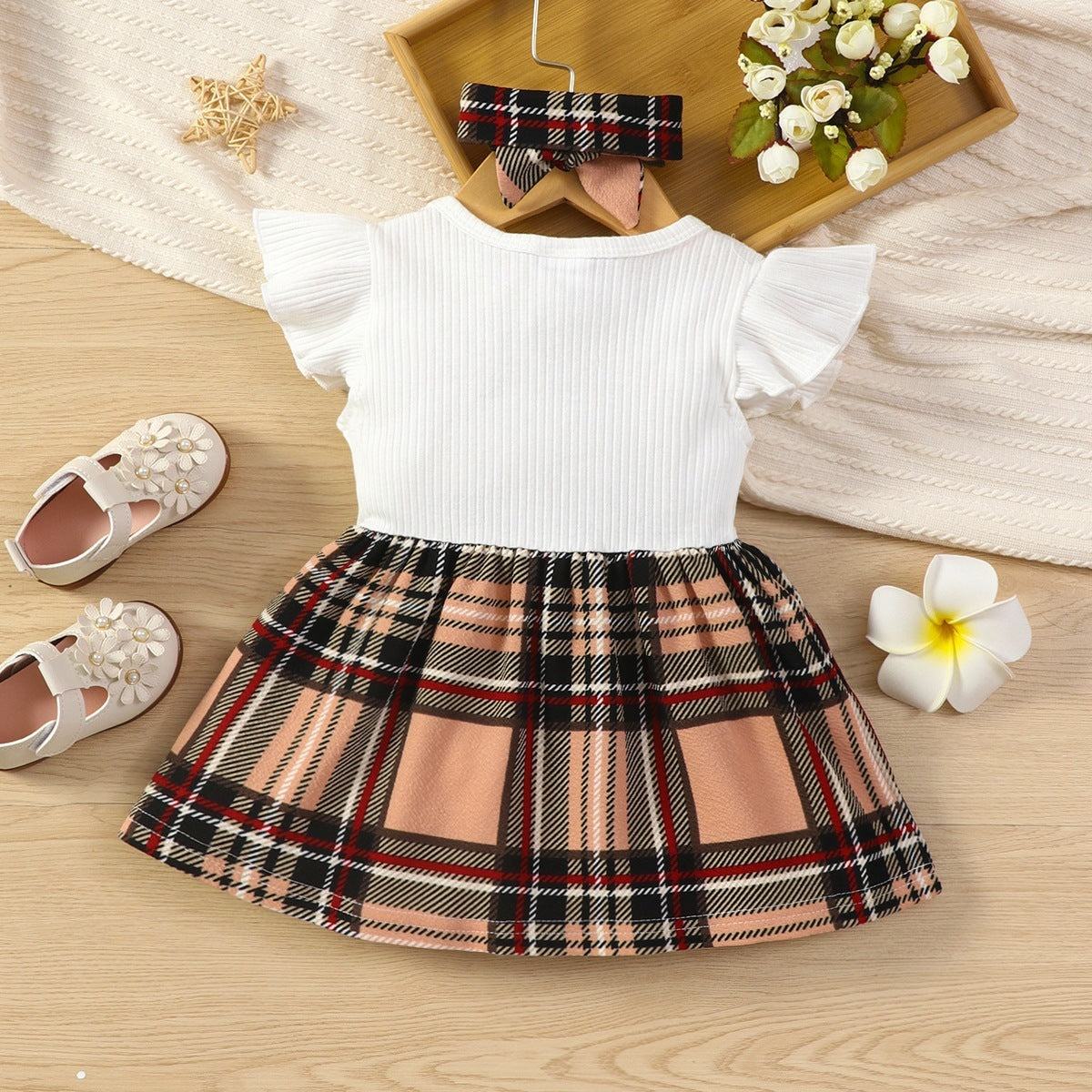 Infant Sunken Stripe Flounced Sleeve Stitching Plaid Dress Headscarf