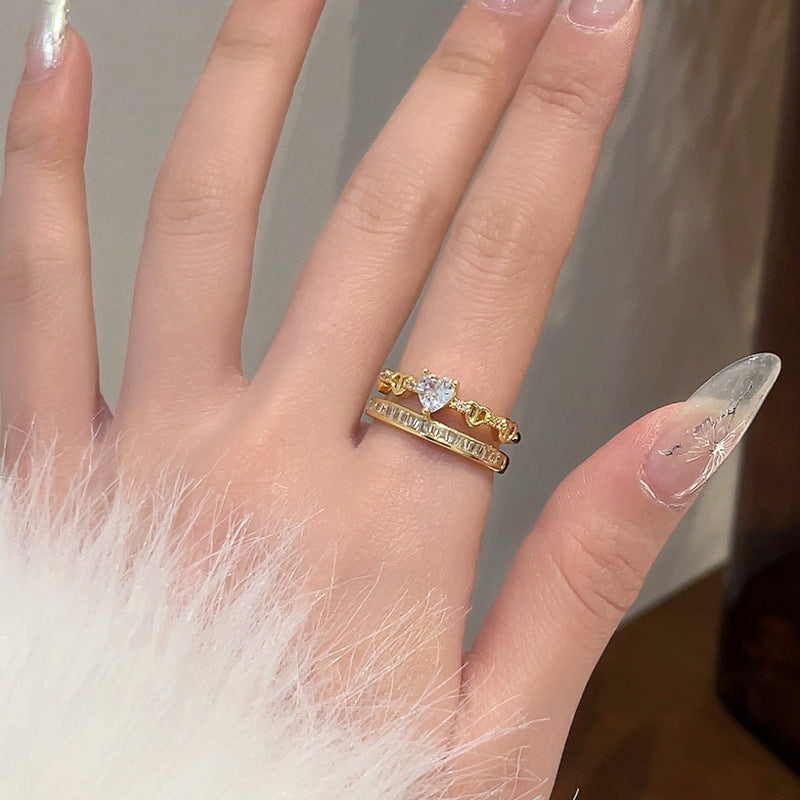 Rhinestone Loving Heart Zircon Ring Female Dual Layer Open-end 05