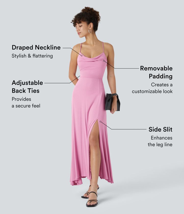 Elegant Ribbed Cowl Neck Backless Crisscross Lace-Up Split Midi Party Dress