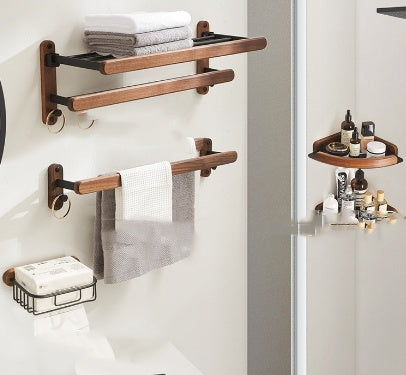 Natural wood bathroom organizer combining towel holders and storage shelves with no-drill installation