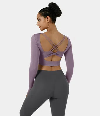 Softlyzero Plush Thumb Hole Backless Crisscross Cut Out Cropped Sports Top
