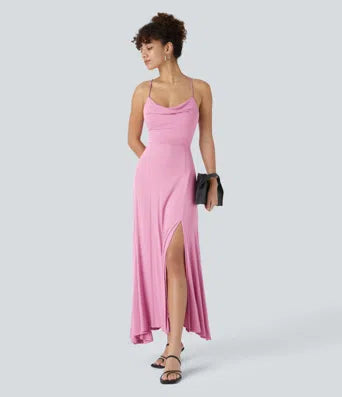 Adjustable Strap U Back Backless Twisted Flare Flowy Maxi Slip Resort Dres