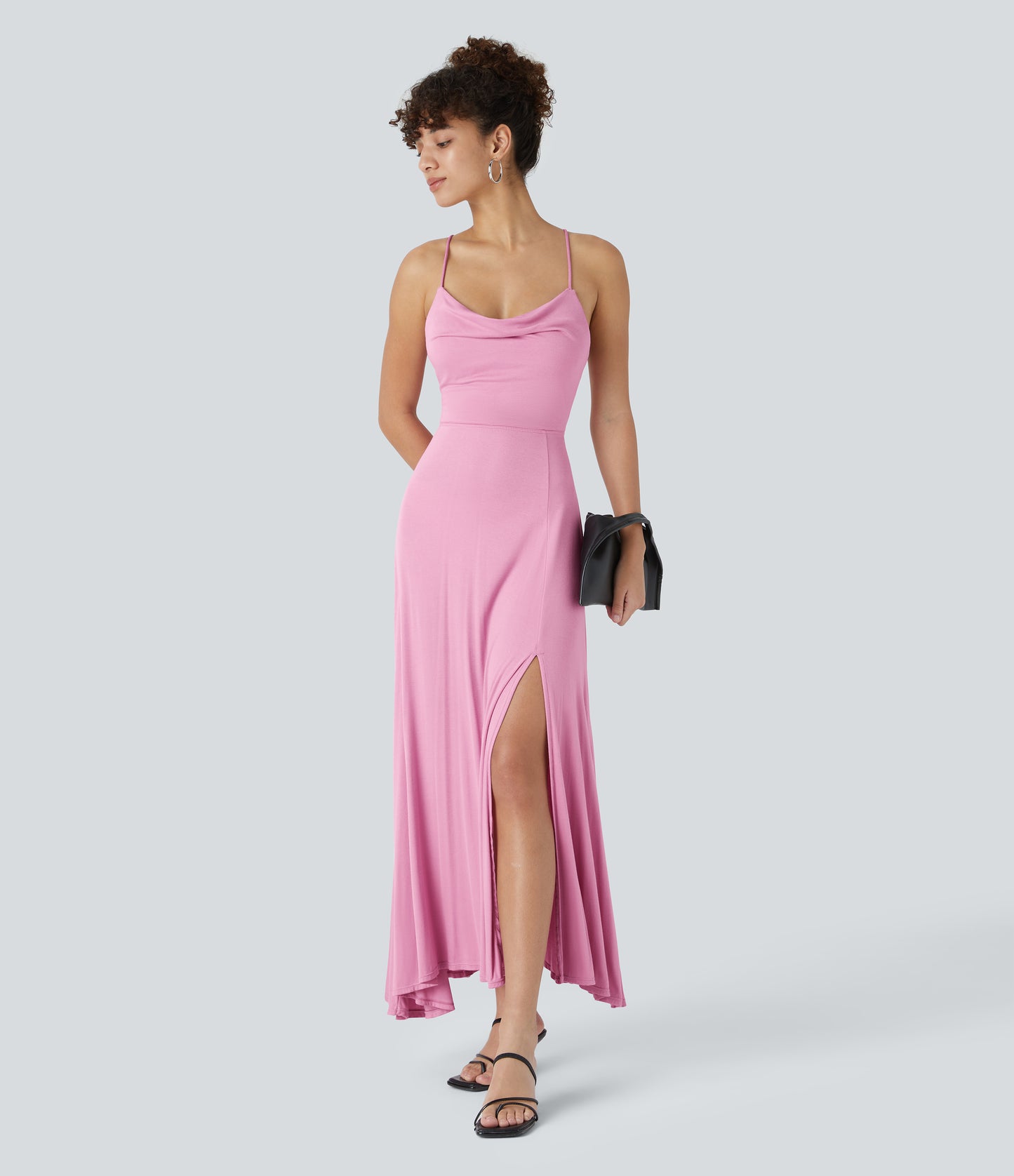 Elegant Ribbed Cowl Neck Backless Crisscross Lace-Up Split Midi Party Dress