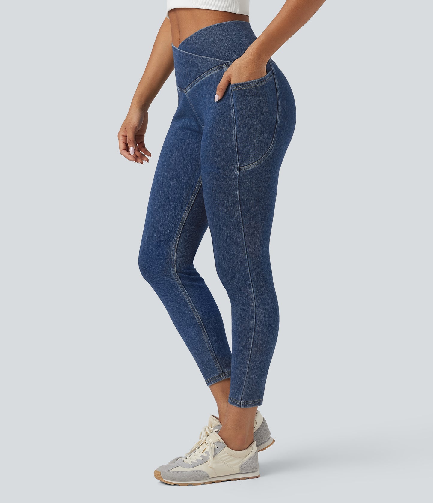 Halara Flex Crossover Side Pocket Washed Stretchy Knit Denim Work Leggings