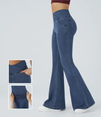 Halara Flex High Waisted Crossover Pocket Washed Stretchy Knit Casual Super Flare Jeans