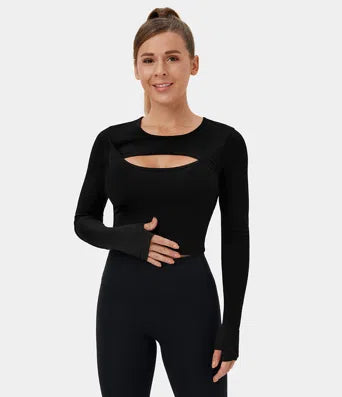 Softlyzero Plush Long Sleeve Thumb Hole Cut Out Cropped Dance Sports Top