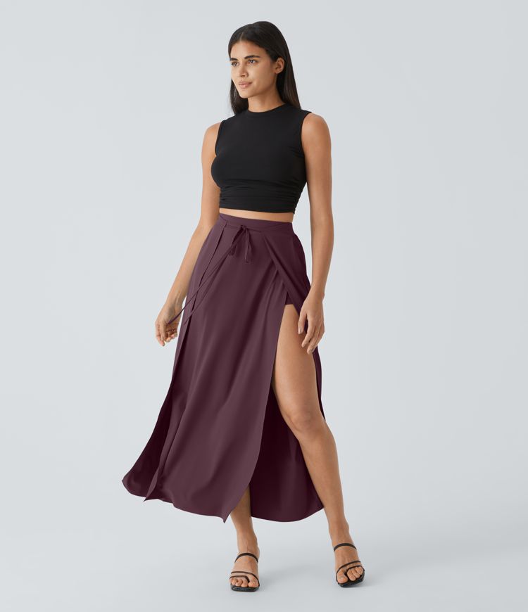 Breezeful Women's High-Waisted Tie-Front Split Flowy 2-in-1 Maxi Quick-Dry Skirt