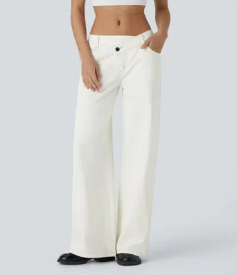 Halara Flex Asymmetric Low Rise Button Zipper Multiple Pockets Wide Leg Washed Stretchy Knit Casual Jeans