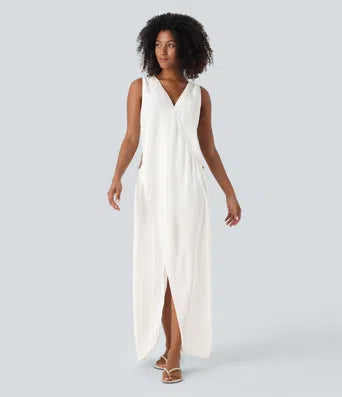 V Neck Sleeveless Cut Out Split Maxi Casual Linen-Feel Dress