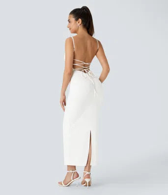 Spaghetti Strap Square Neck Backless Corset Split Bodycon Midi Casual Dress