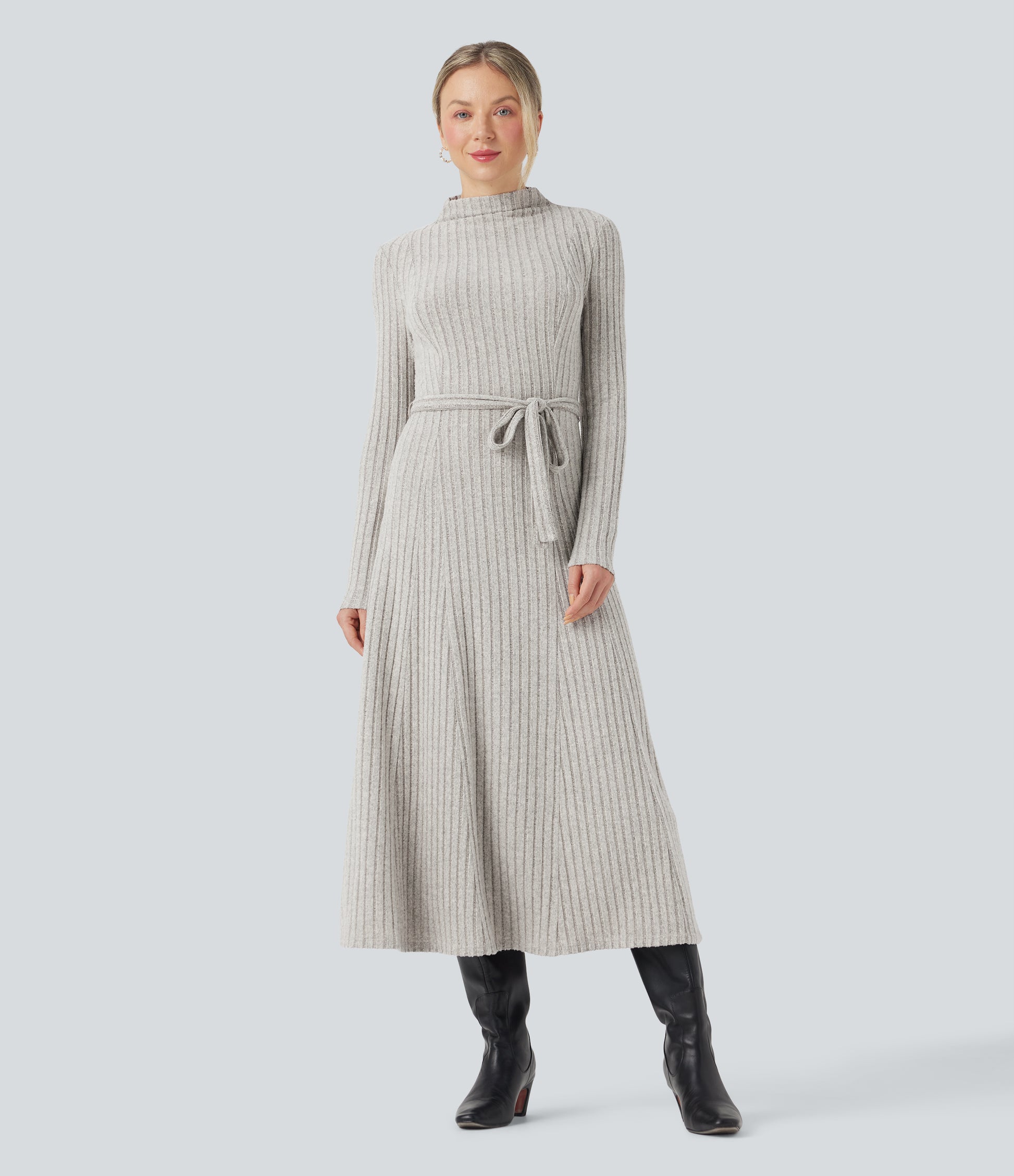 Women's Ribbed Knit Mock Neck Long Sleeve Belted Casual Maxi Dress