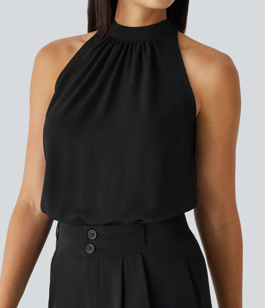 Chic Keyhole Back Halter Sleeveless Work Blouse with Elegant Curved Hem