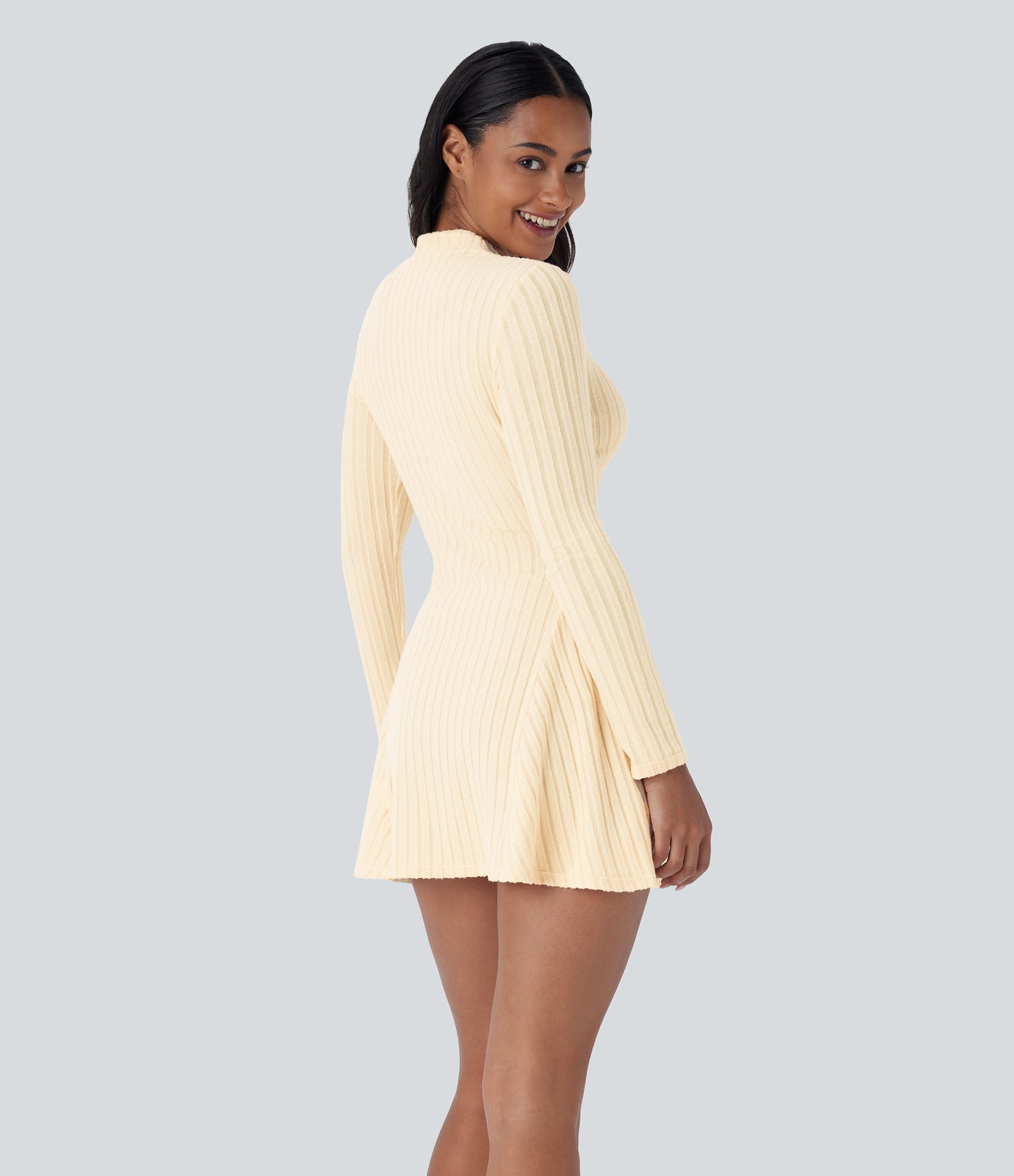 Soft Ribbed Knit Stand Collar Long Sleeve Mini Dress Cozy Everyday Versatile Style