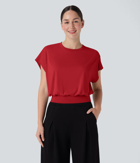 Women's Versatile Round Neck Short Batwing Sleeve Relaxed Fit Work T-Shirt