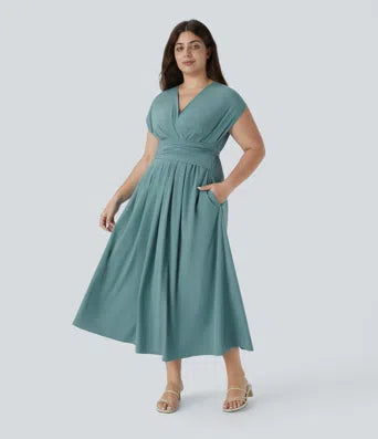 Ribbed Boat Neck Ruched Side Pocket Flowy Maxi Casual Plus Size Dress