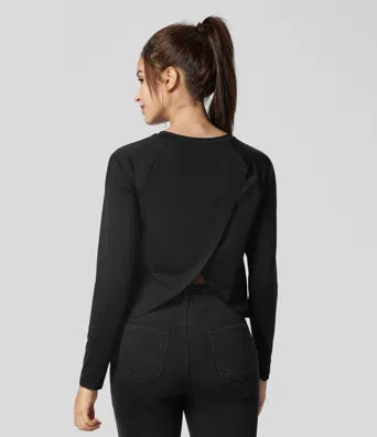 Contrast Mesh Split Hem Long Sleeve Cool Touch Yoga Sports Top-UPF50+