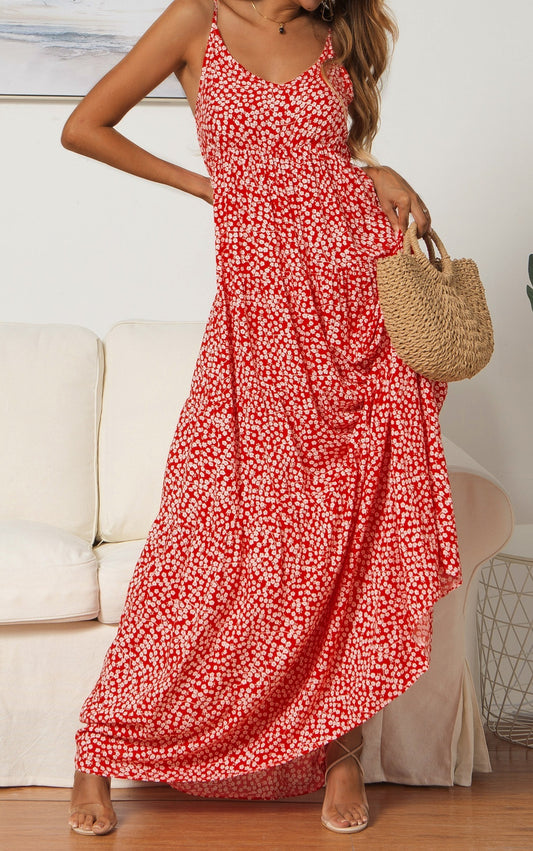 V-neck Dress Maxi Dress With Small Floral Strap