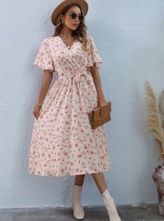Mid-length V-neck Small Floral Tie-neck Ruffled Dress