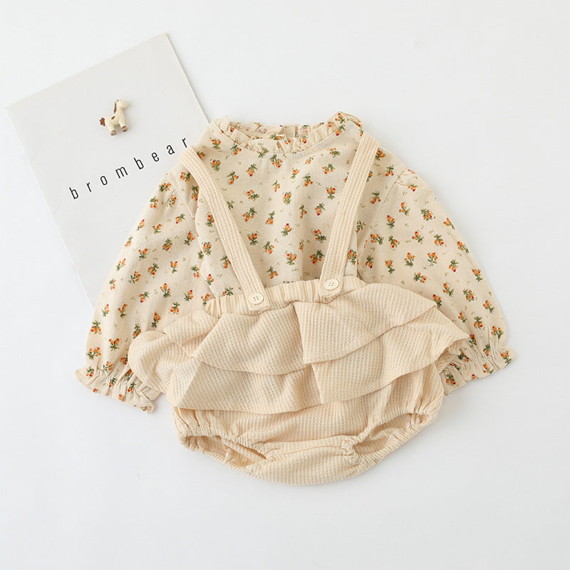 Infant And Children'S Clothing Floral Baby Girl Suit Shirt Top Suit Suspender Dress Pants Two-Piece Suit