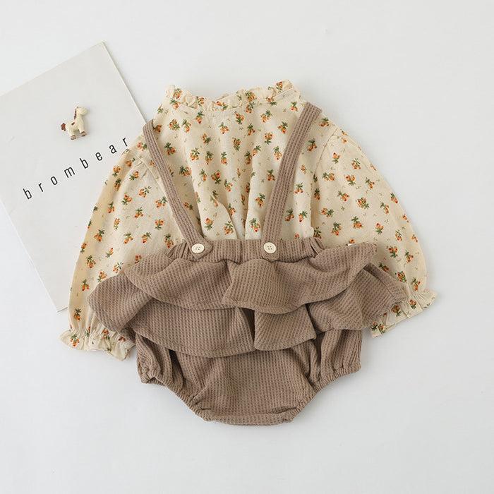 Infant And Children'S Clothing Floral Baby Girl Suit Shirt Top Suit Suspender Dress Pants Two-Piece Suit