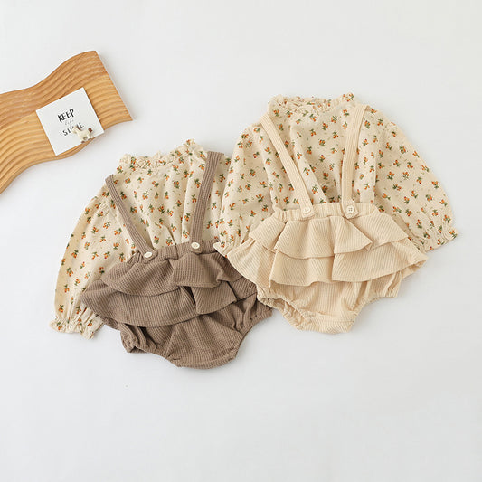 Infant And Children'S Clothing Floral Baby Girl Suit Shirt Top Suit Suspender Dress Pants Two-Piece Suit