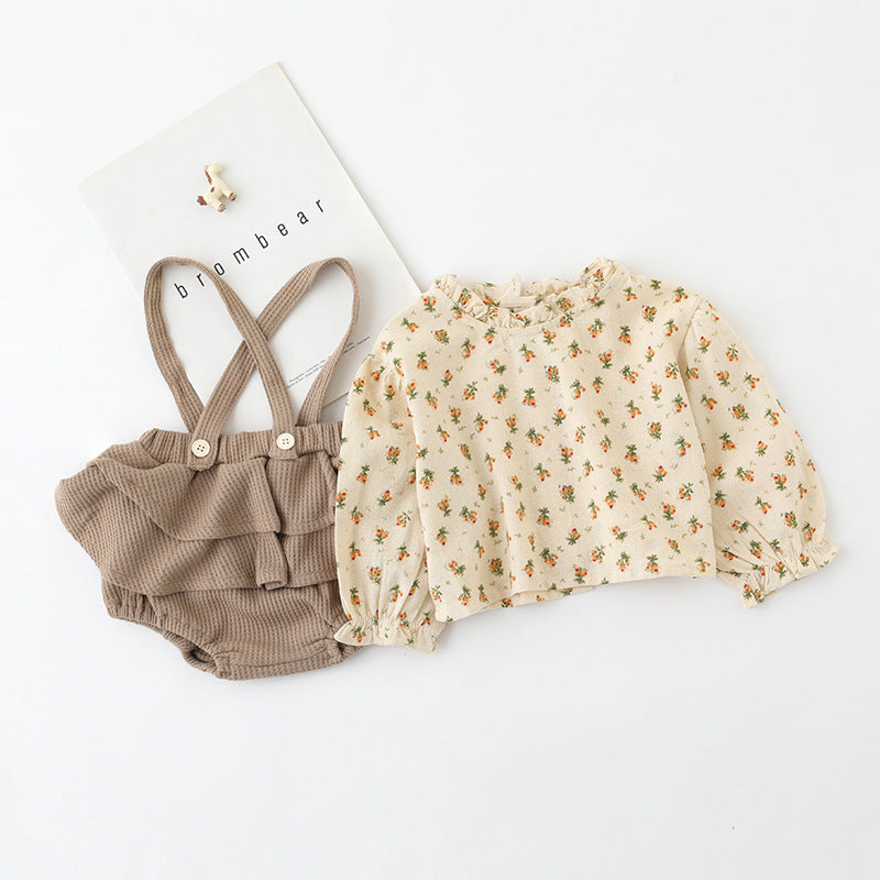 Infant And Children'S Clothing Floral Baby Girl Suit Shirt Top Suit Suspender Dress Pants Two-Piece Suit