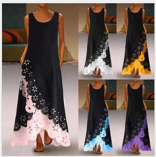 Sleeveless Print Round Neck Maxi Beach Dress