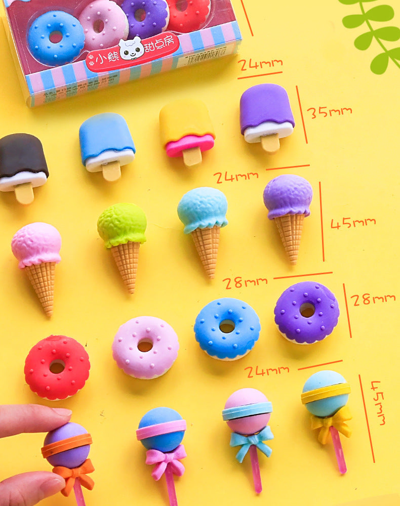 Student Rubber Ice Cream Cake Eraser Set Hamburger Cartoon Eraser Sassafras Stationery Gifts