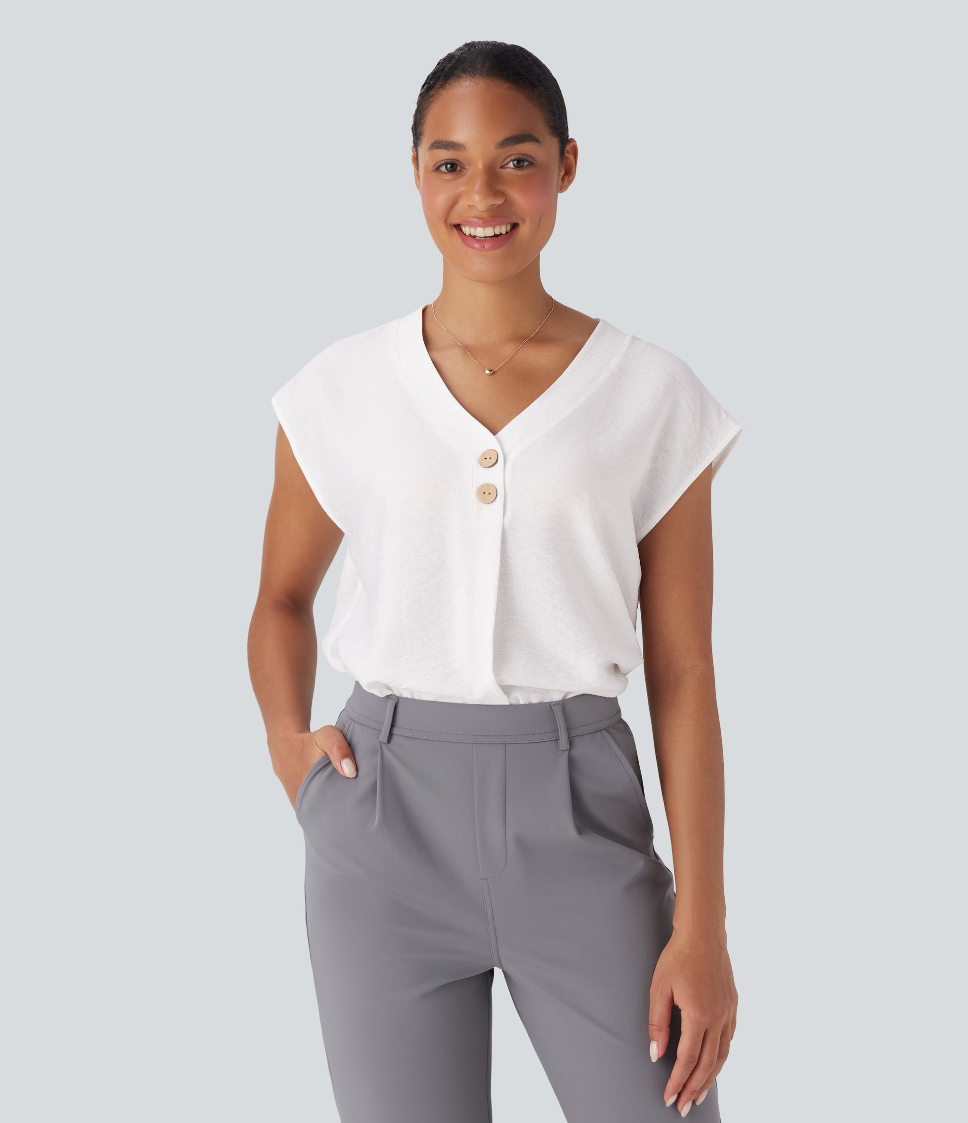 Elegant V-Neck Cap Sleeve Decorative Button Work Blouse for Women