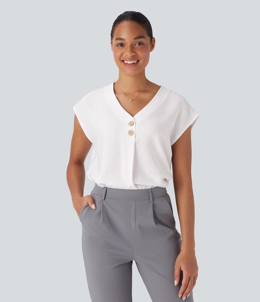 Elegant V-Neck Cap Sleeve Decorative Button Work Blouse for Women