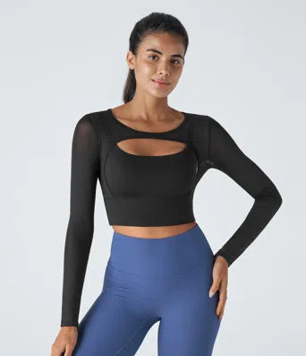 Contrast Mesh Cut Out 2-in-1 Cropped Skinny Yoga Sports Top