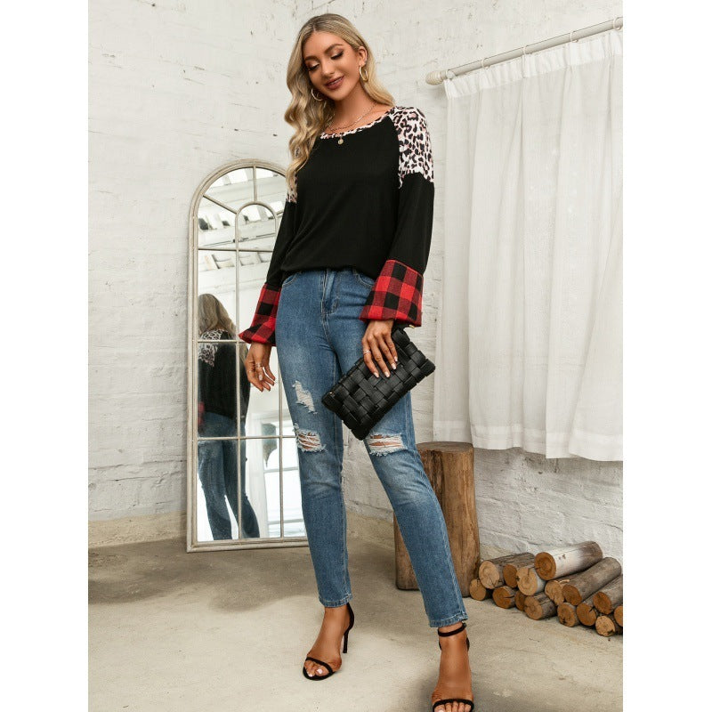 Casual Leopard Print Colorblock Long Sleeve Crewneck T-Shirt