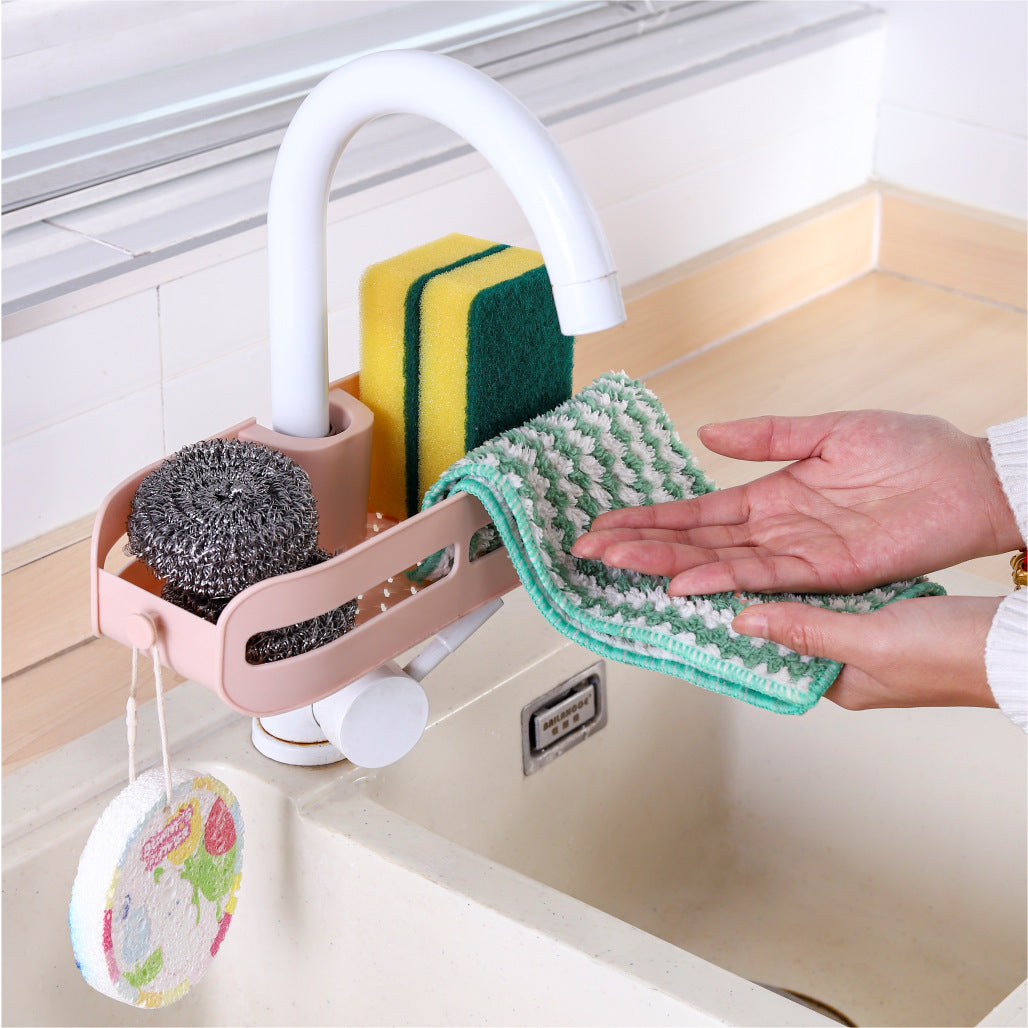 Multi-purpose kitchen sink rack demonstrating easy faucet mounting system with stable snap-on installation