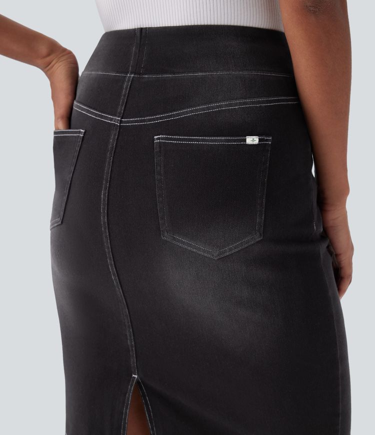 Halara Flex High Waisted Stretchy Knit Denim Midi Skirt with Pockets