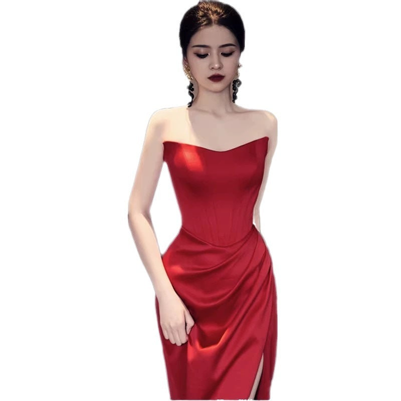 Fashion Bride Wine Red Engagement Wedding Back-to-door Casual Dress Small 06