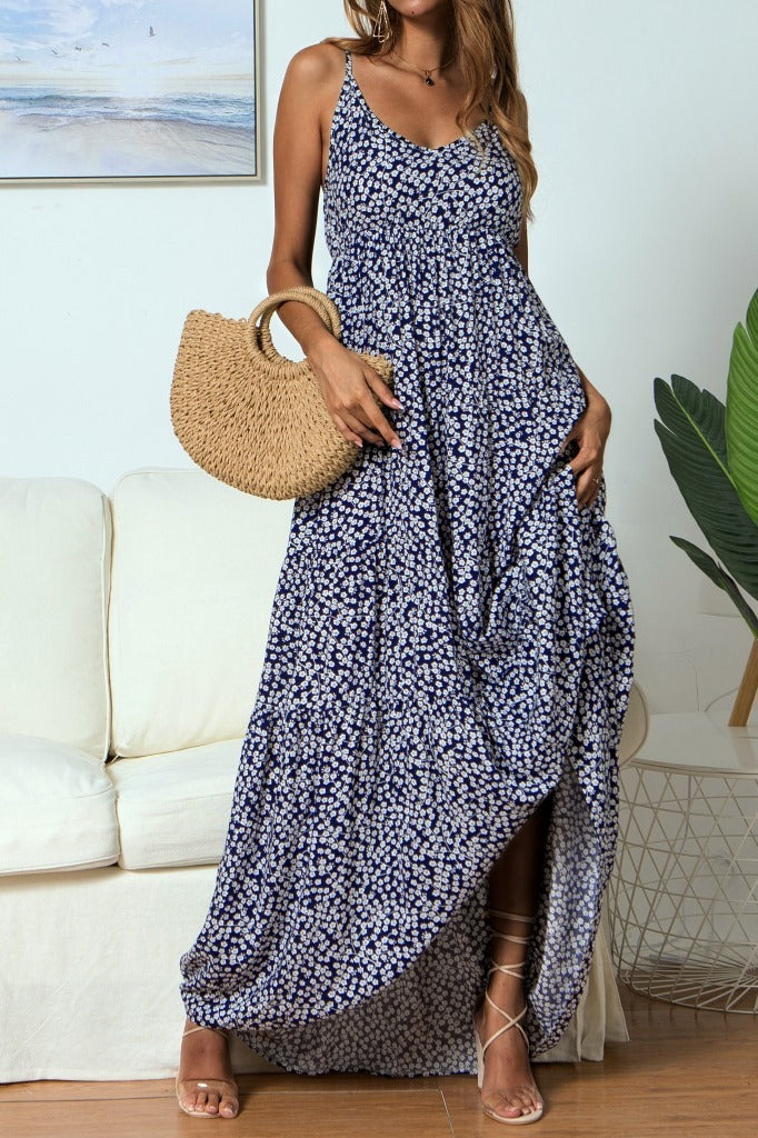 V-neck Dress Maxi Dress With Small Floral Strap