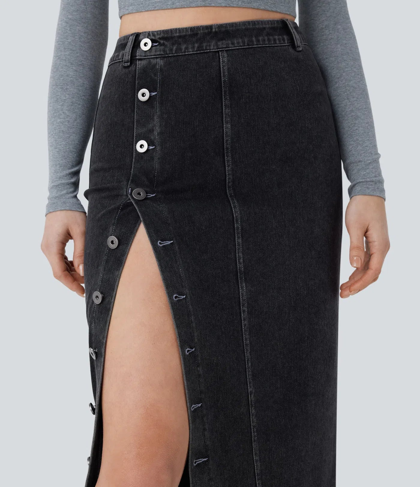 Halara Flex High-Waisted Stretchy Knit Denim Midi Skirt with Front Buttons