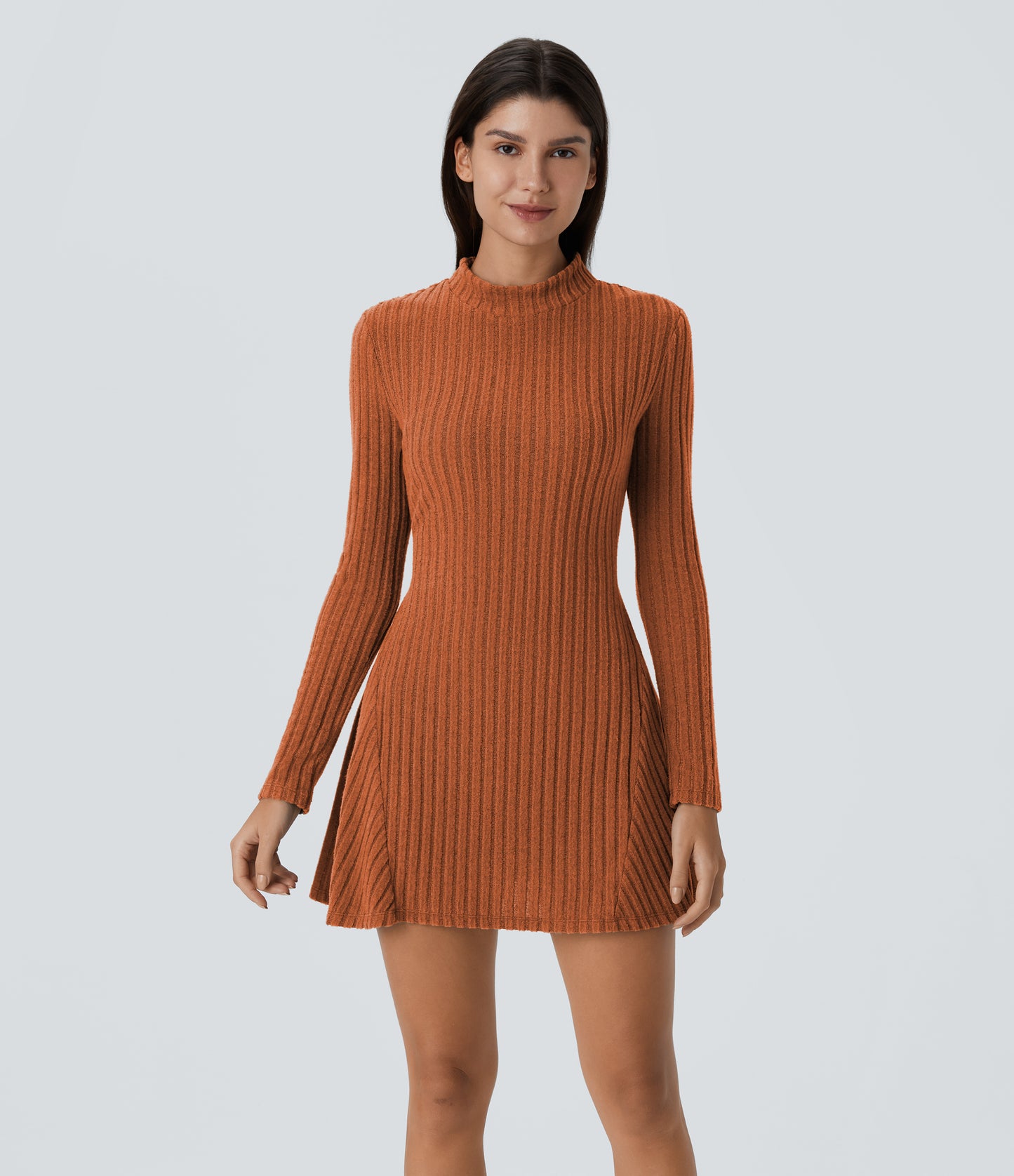 Soft Ribbed Knit Stand Collar Long Sleeve Mini Dress Cozy Everyday Versatile Style
