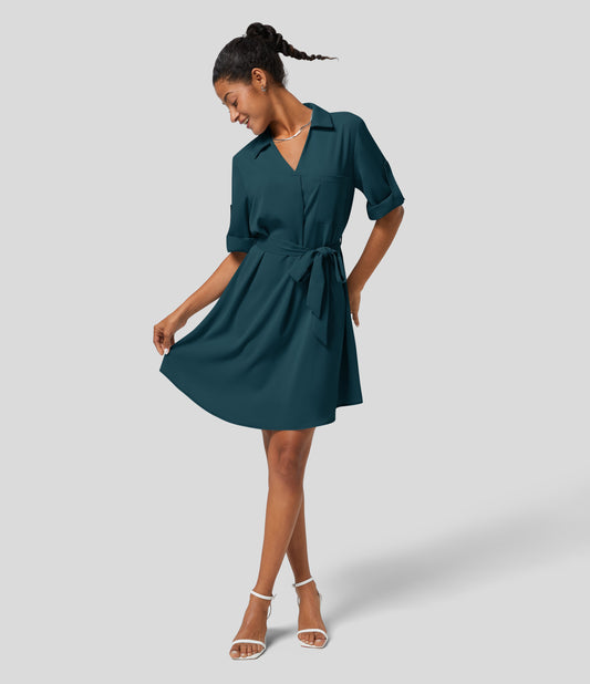Chic Halara Women's Collared Roll-Up Sleeve Button-Down Belted Relaxed Midi Shirt Dress